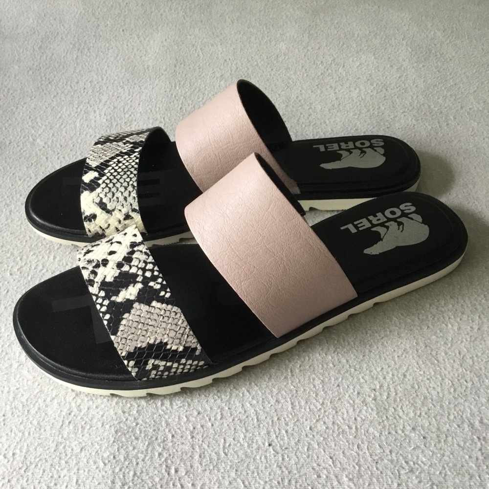 Sorel Ella II Snake-Print Leather Flat Slide Sandals size 7
